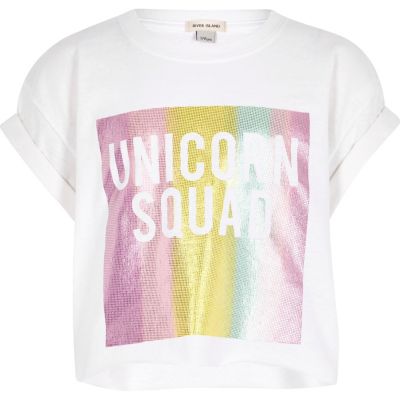 Girls white &#39;unicorn squad&#39; print T-shirt